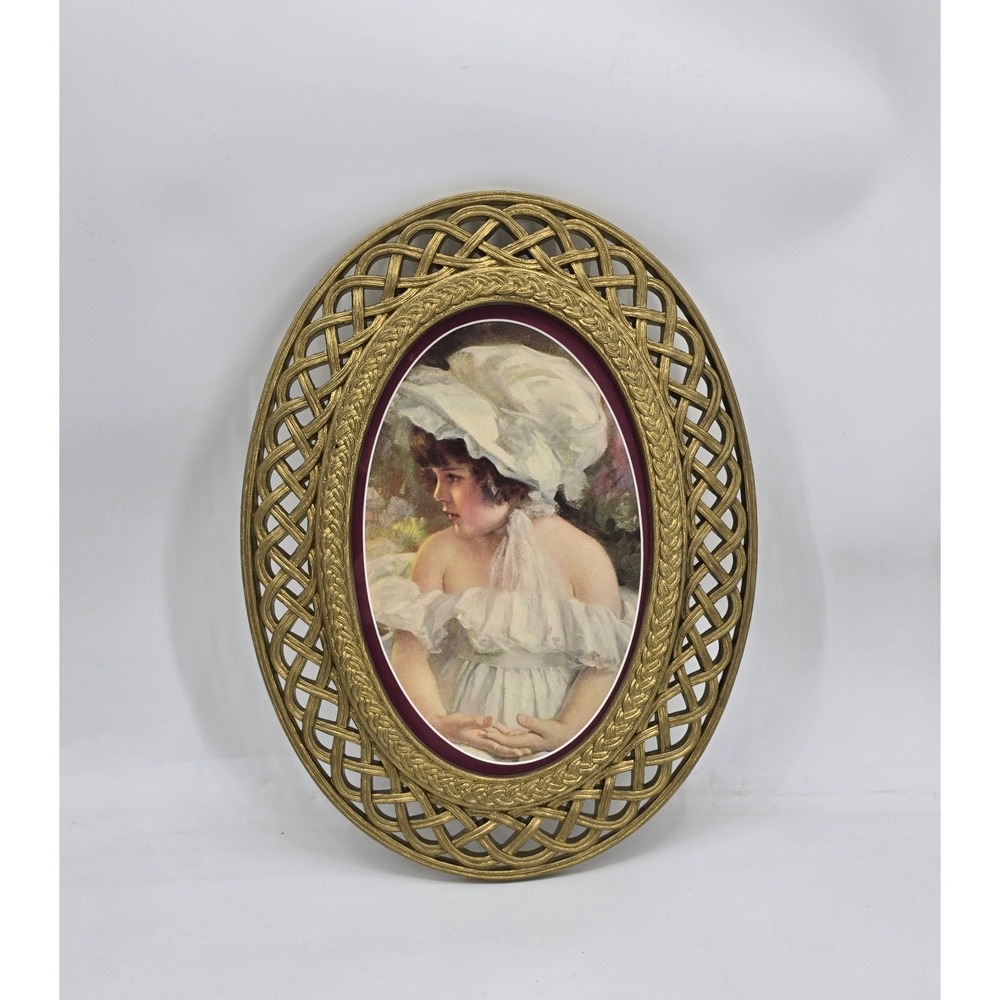 Vintage 1983 Homco Priscilla Portrait Gold Oval Frame Victorian Cottagecore 17"
